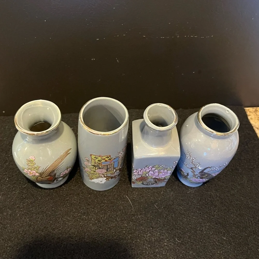 Vintage Mini Vases Gray Made in Japan Set of 4 Floral, Pagoda, Pheasants Design